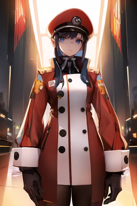 (masterpiece, best quality:1.2), <lora:style_panamaman-20:1>, (thick outlines, cinematic lighting:1.2), solo, 1girl, expressionless, closed mouth, dark blue hair, bangs, sidelocks, peaked cap, black eyes, military uniform, aiguillette, long sleeves, wrist ...