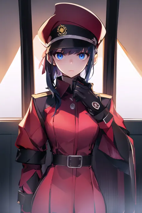 (masterpiece, best quality:1.2), <lora:style_panamaman-20:1>, (thick outlines, cinematic lighting:1.2), solo, 1girl, expressionless, closed mouth, dark blue hair, bangs, sidelocks, peaked cap, black eyes, military uniform, aiguillette, long sleeves, wrist ...