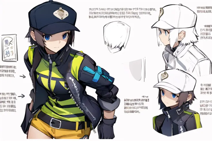 (masterpiece, best quality:1.2), <lora:style_panamaman_s4-20:1>, (thick outline:1.1), multiple views, reference sheet, solo, 1girl, expressionless, closed mouth, short hair, blunt bangs, blue eyes, hat, cropped jacket, yellow shorts, gloves