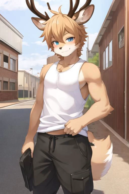 a man with a deer head and a white shirt is standing in the street