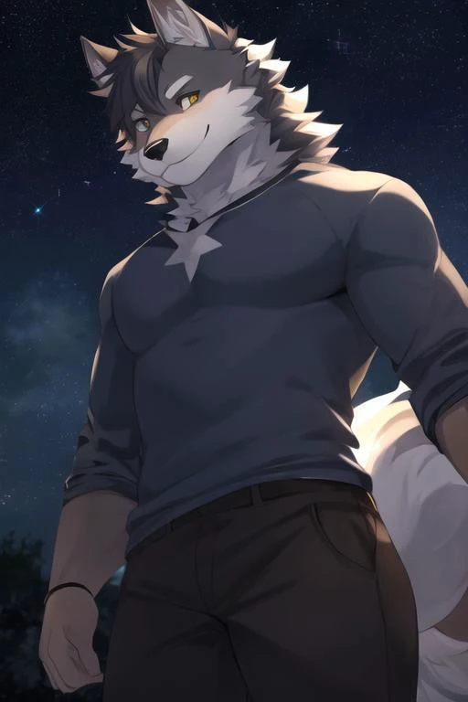 a man in a blue shirt and black pants standing next to a wolf