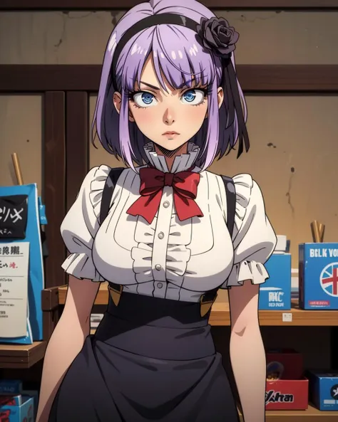 anime girl in a school uniform standing in front of a book shelf