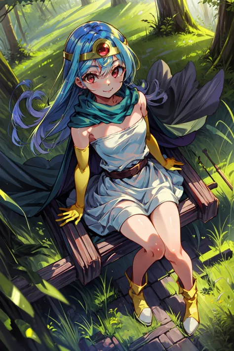 masterpiece,best quality,1girl,sage (dq3),long hair,blue hair,red eyes,circlet,white dress,yellow gloves,belt,cape,boots,bare shoulders,sitting,light smile,looking looking at viewer,grass,forest,from above,<lora:DQ3Sage:0.8>,