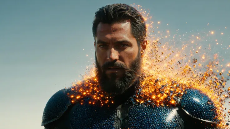 a man in armor with a beard and a beard with flames