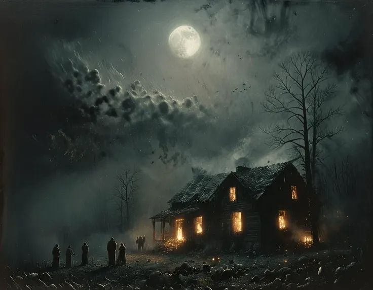 a group of people standing outside of a house at night