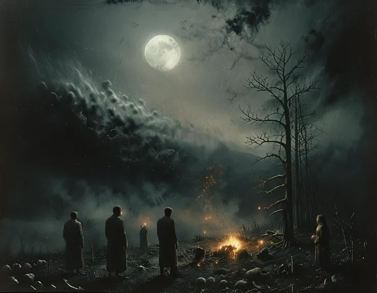 a group of people standing around a bonfire in the woods