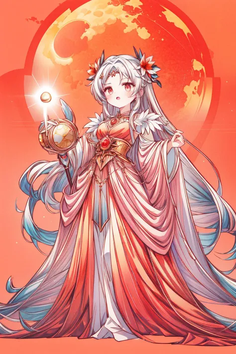 a woman in a long dress holding a lantern in front of a full moon