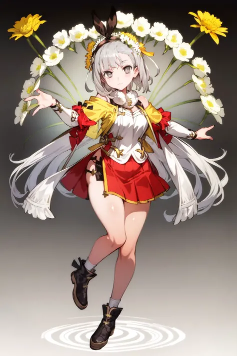 full body, solo, 1girl, :3, looking at viewer, silver hair, wavy hair, light grey eyes, glittering light, Pompon_Chrysanthemum (flower), floral background <lora:toridamono_style_v01:1>