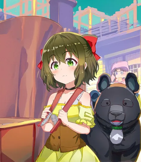 anime girl with a guitar and a bear in a city