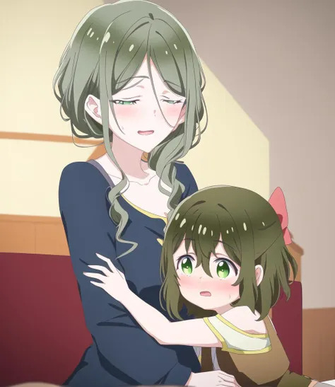 anime image of a woman hugging a little girl in a restaurant