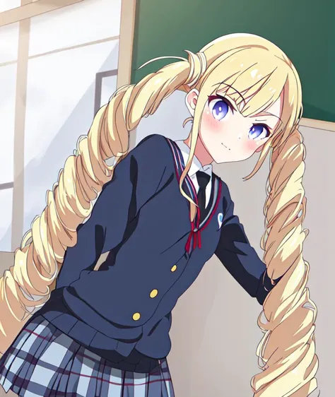 anime girl with long blonde hair in school uniform standing in front of a chalkboard