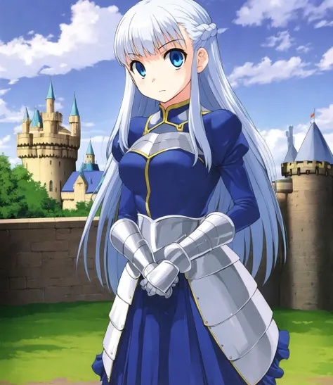 a woman in a blue dress holding a sword in front of a castle