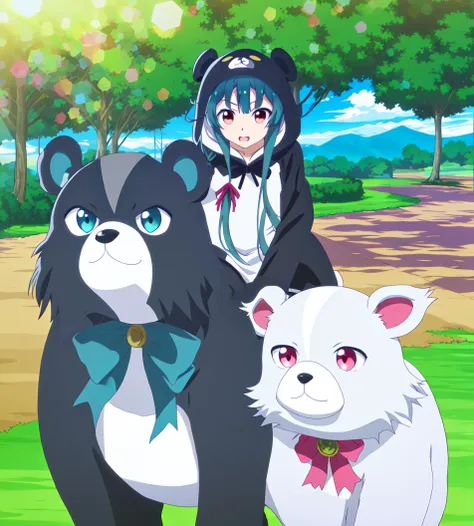 anime girl with black hair and blue eyes and two white cats