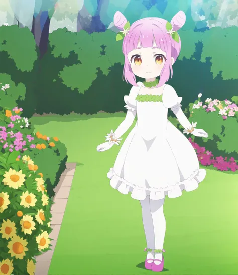 anime girl in white dress standing in a garden with flowers