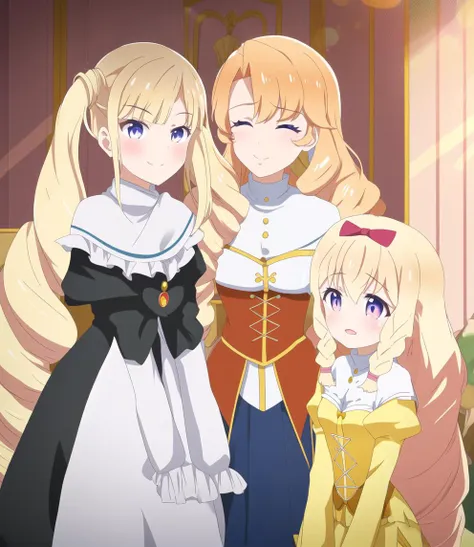 three anime girls in dresses stand together in a room