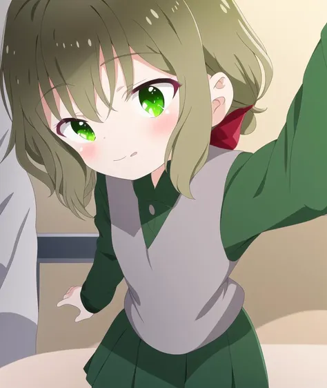 anime girl with green eyes and green eyes in a school uniform