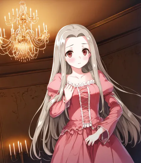 anime girl in a pink dress standing in a room with chandelier