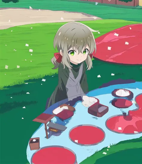 anime girl sitting on a picnic table with a red umbrella