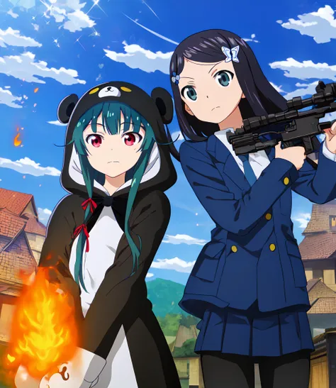 two anime girls with guns and uniforms standing in front of a building