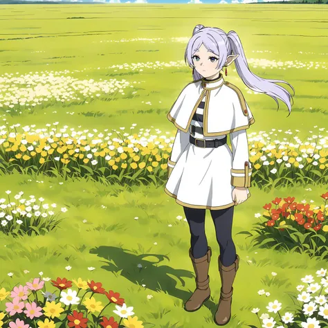 a woman standing in a field of flowers with a sky background