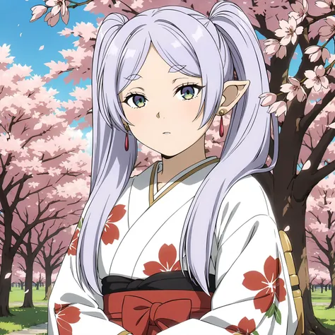 <lora:FrierenXL004>,<lora:DetailedEyes_V3:1.6>,looking at viewer,
solo,
anime screencap,
best quality,masterpiece,
Frieren,1girl,light purple hair,twintails,multicolored eyes,earrings,
cowboy shot,
print_kimono,floral_print,
cherry blossoms,sunbeams,cherry...