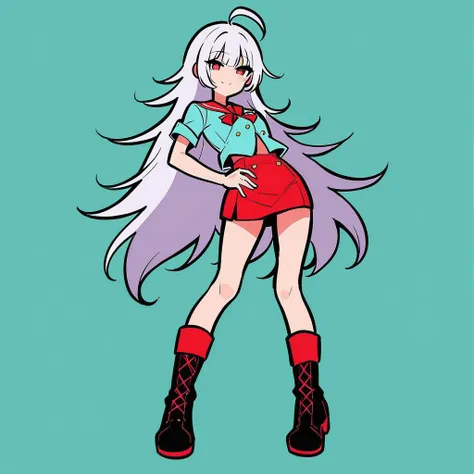 a cartoon girl with long white hair and red shorts