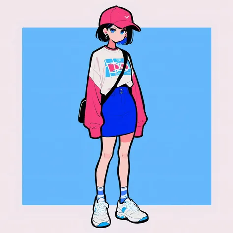 a cartoon girl in a pink hat and blue dress with a pink jacket