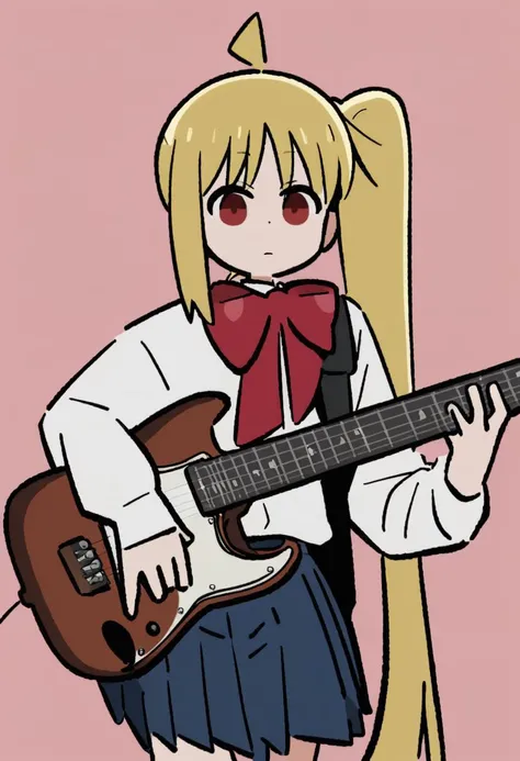 pink background,flat color,chibi,playing guitar,simple background,masterpiece, best quality,btr-nijika, 1girl, blonde hair, solo, side ponytail, skirt, long hair, (ahoge:1.2), red bow, blue skirt, white shirt, pleated skirt,bowtie, long sleeves, (anime col...