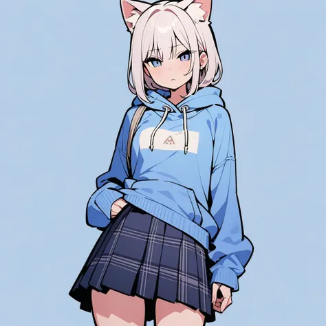 anime girl with white hair and blue hoodie with cat ears