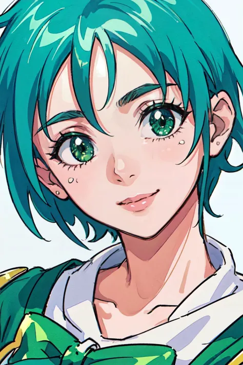 (masterpiece, best quality;1.3), extremely detailed picture,perfect lighting,, ultra detailed, 1girl, Emerald green hair, short hair, 
LOOKING AT VIEWER, smile, allenby, <lora:allenbyV2:0.6>
facial close-up,