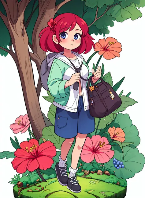 a cartoon girl with a backpack and a purse standing in front of a tree