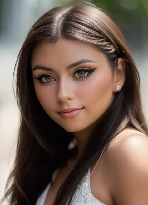 a close up of a woman with long hair and a white dress