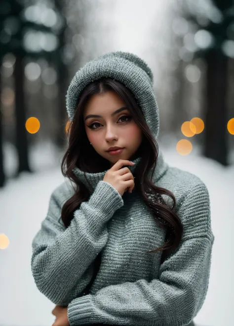 a woman in a gray sweater and hat posing for a picture