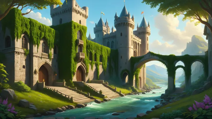 a close up of a castle with a stream in front of it