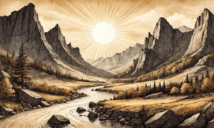 Beautiful detailed digital illustration of a Rocky mountain pass with treacherous cliffs <lora:ParchartXL-1.5:0.7> on parchment, ink illustration, <lora:pastel_colors_xl_v3:0.7> , Sunrays shine upon it