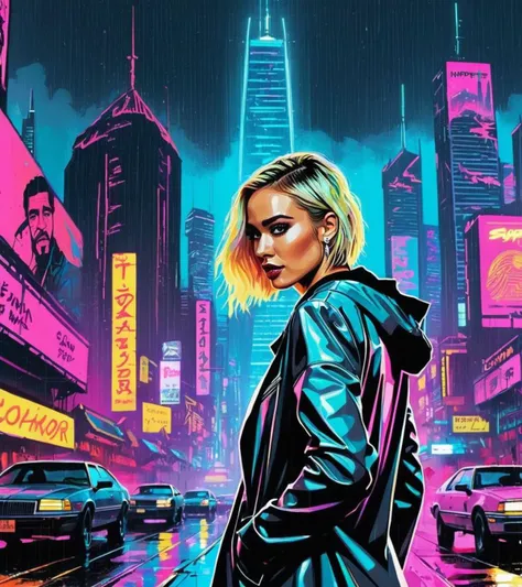 (Hayden Panettiere,a girl with a beautiful face), nighttime, cyberpunk city, dark, raining, neon lights, ((Wearing a blazer over a hoodie)), blazer, hoodie,(cyberpunk 2077 cityscape), (<lora:pastel_colors_xl_v1:0.5> pastel colors ,<lora:Ben Aronson Style:0...