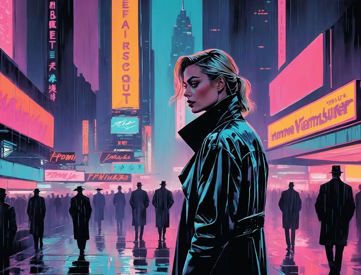 (Margot Robbie), nighttime, cyberpunk city, dark, raining, neon lights , (<lora:Syd Mead Style:0.5> Syd Mead Style,<lora:pastel_colors_xl_v1:0.8> pastel colors ), cyberpunk, synthwave, 1980s, futurism, brutalism, neuromancer, cinematic photo in California,...