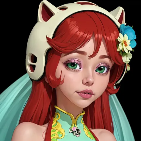 anime girl with red hair and a cat mask on