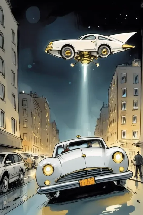 <lora:Quentin Blake Style:1>Quentin Blake Style , cartoon, illustration, white and brass science fiction hovering industrial luxury car by a downtown hotel, science fiction, night time, volumetric light, dystopian vibes, dutch angle, cinematic angle