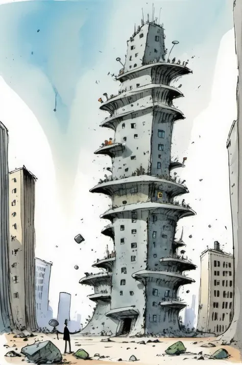 <lora:Quentin Blake Style:1>Quentin Blake Style , cartoon, illustration, Office Buildings, Conglomerate stone, science fiction, building, architecture