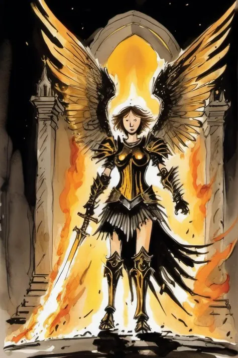 <lora:Quentin Blake Style:1>Quentin Blake Style , cartoon, illustration, epic female warrior on fire ablaze in black and gold armor with angel wings, horror christian cathedral, nighttime, dungeons and dragons,