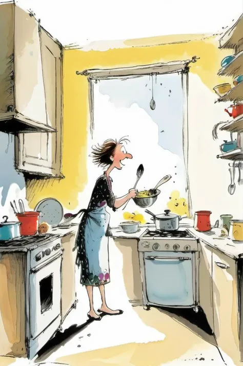 <lora:Quentin Blake Style:1>Quentin Blake Style , cartoon, illustration, A highly detailed mother in her kitchen preparing meal, window sunny day, happy, smiling,