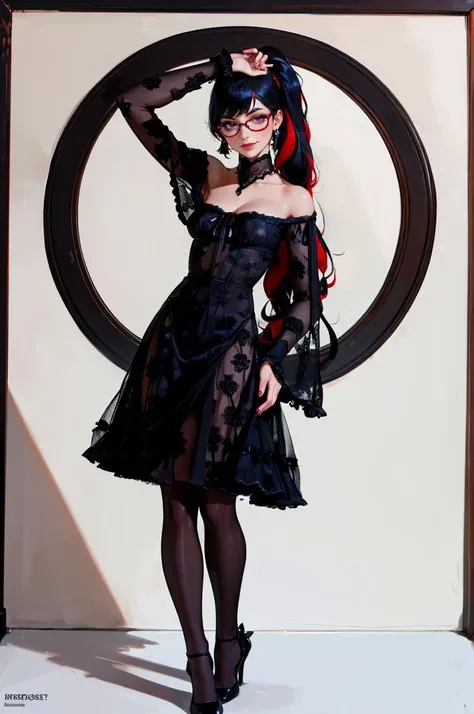 araffe gothic woman in black dress and glasses posing in front of a mirror