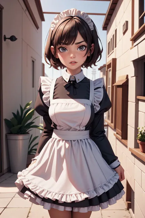 1girl, a woman in a black and white maids dress standing in front of a building with a white lace trim around her neck, apron, depth of field, dress, enmaided, freckles, lips, long sleeves, looking at viewer, maid, maid apron, maid headdress, short hair, s...