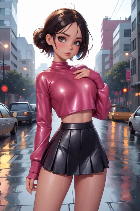 1 girl, crop top sweatshirt, shirt clinging to breasts, 1970s styling, wet clothing, sultry 
miniskirt, pleated leather skirt, great thighs, sexy legs
city, night, street, wet road, reflections  <lora:Foxy70:1>