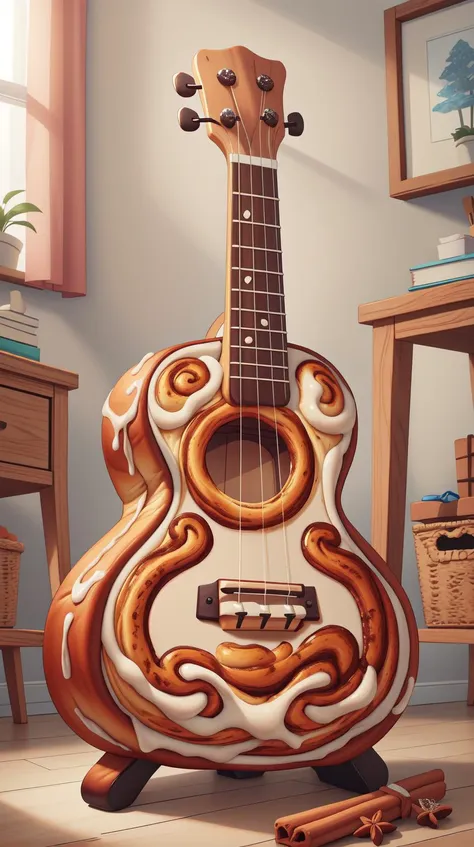 a close up of a guitar with a wooden body and a wooden stick