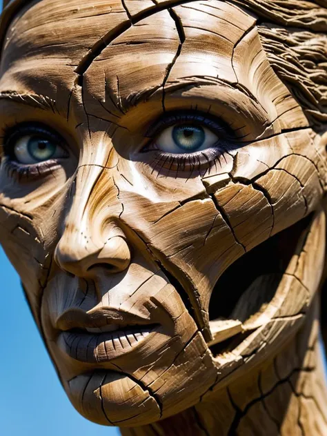 a close up of a wooden sculpture of a woman with a face