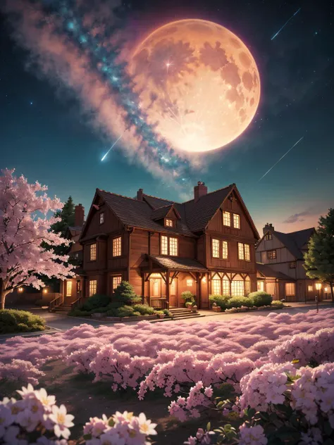 a house with a full moon in the sky and flowers in the foreground