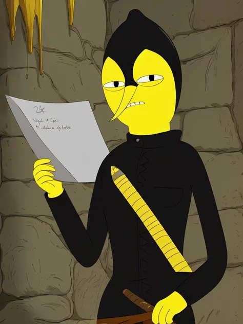 high res, lem0ngr4b,  lemongrab, upper body, bald, pointy nose, frown expression, grey clothing,  illustration,  standing in a dungeon, holding a golden sword, cartoon, wearing glasses reading a letter looking down, profile  <lora:lemongrab_sd1.5_v1:1>,  <...