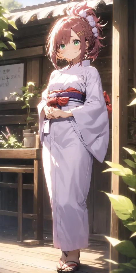 (masterpiece:1), (best quality:1),1girl, mohawk hair, hip-length hair, chestnut hair, hair clip hair, emerald eyes, tall stature, freckles, white hakama, brown harem outfit, wool, polka dots, houndstooth, purple theme, (soulless:1.25)